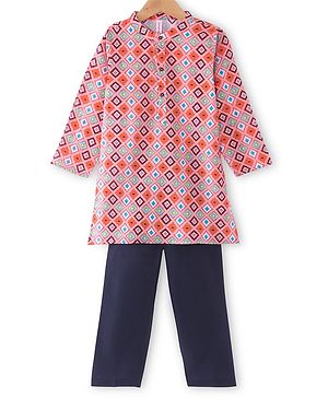 Babyhug Cotton Woven Cambric Full Sleeves Kurta Pyjama Set Square Print - Pink