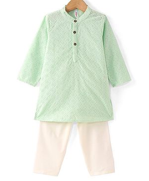 Babyhug Cambric Woven Full Sleeves Embroidered Kurta & Pyjama Set - Green