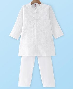 Babyhug Cotton Woven Cambric Full Sleeves Floral Embroidered Kurta Pyjama Set - White