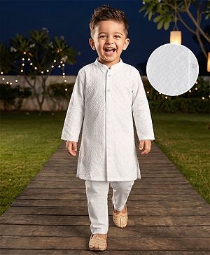 Babyhug Cotton Woven Cambric Embroidered Full Sleeves Kurta & Pyjama Set - White