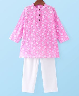 Babyhug Cotton Cambric Woven Full Sleeves Floral Embroidered Kurta Pyjama Set - Pink