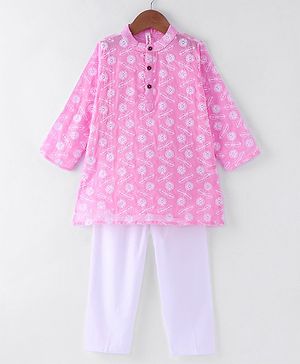 Babyhug Cotton Woven Full Sleeves Floral Embroidered Kurta Pyjama Set - Pink
