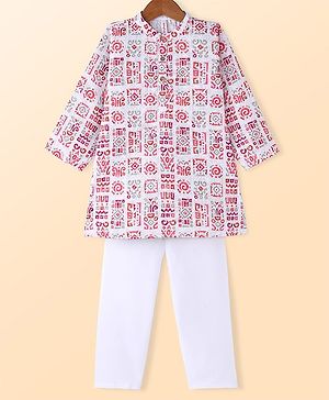 Babyhug Cotton Woven Cambric Full Sleeves Embroidered & Printed Kurta Pyjama Set - Multicolor