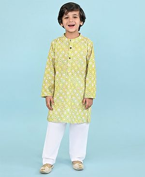 Babyhug Cambric Full Sleeves Embroidered Kurta & Pyjama Set - Green