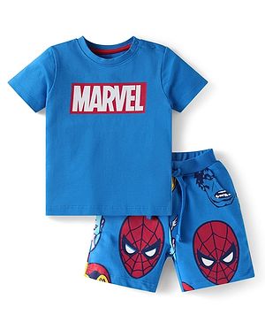 Babyhug Marvel Cotton Knit Half Sleeve Shorts Night Suit with Spiderman Graphics - Blue