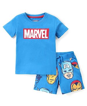 Babyhug Marvel  100% Cotton Knit Half Sleeve Night Suit with Avengers Graphics- Blue