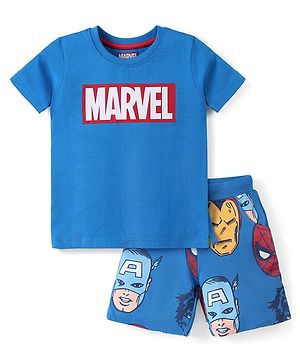 Babyhug Marvel  100% Cotton Knit Half Sleeves Night Suit with Avengers Graphics- Blue