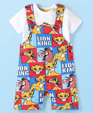 Babyhug Disney Cotton Knit  Half Sleeves T-shirt and Terry Dungaree Set with Lion King Graphics - Multicolour