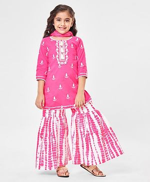 Babyhug Cotton Woven Full Sleeves Embroidered Kurta & Tie Dye Gharara Set With Dupatta & Tassle Detailing - Pink & White