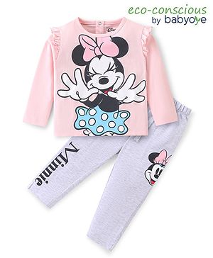 Babyoye Disney Cotton Knit Full Sleeves Night Suit With Minnie Mouse Graphics - Pink & White