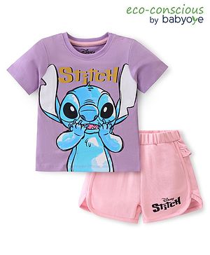 Babyoye Disney Cotton Knit Half Sleeves Night Suit With Lilo N Stitch Graphics -Purple & Pink