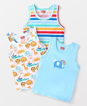 Babyhug 100% Cotton Knit Sleeveless Jungle Safari Printed Sando Pack of 3 - Multicolour