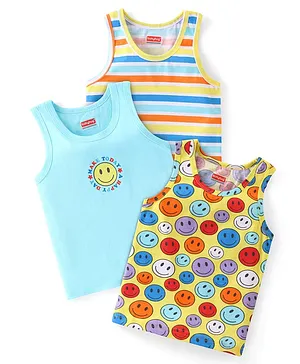 Babyhug 100 % Cotton Knit Sleeveless Sando with Striped & Smiley Print  Pack of 3 - Multicolour