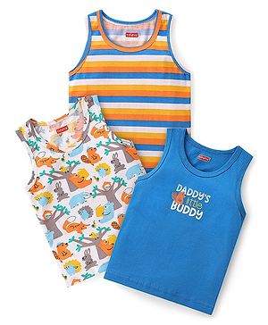 Babyhug 100% Cotton Knit Sleeveless Vests with Animal Print & Stripes Pattern Pack of 3 - Multicolor