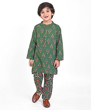 Babyhug Cambric Full Sleeves Floral Embroidered Kurta & Pyjama Set - Olive Green