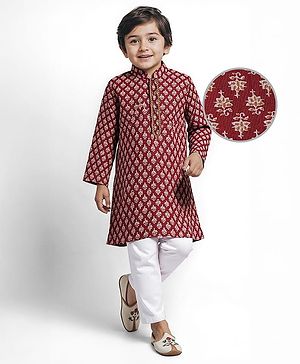 Babyhug Cotton Cambric Full Sleeves Floral Printed Kurta & Pyjama Set - Maroon & White