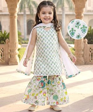 Babyhug Woven Sleeveless Floral Printed Kurta & Gharara Set with Dupatta - White