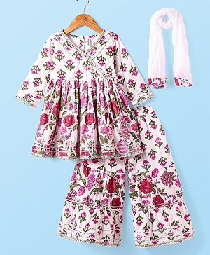 Babyhug Cotton Cambric Woven Three Fourth  Sleeves Floral Printed Kurti Gharara Set with Dupatta & Embroidery Detailing - Off White