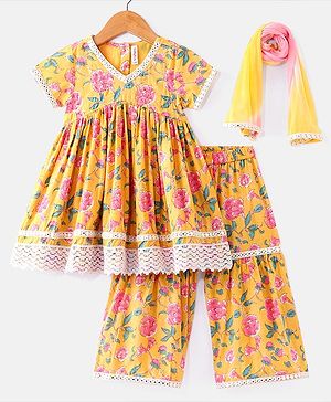 Babyhug Cambric Woven Short Sleeves  Kurta Gharara Set with Lace Detailing Floral Print - Yellow