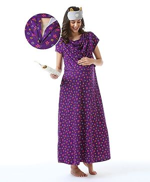 Bella Mama 100% Cotton Knit Half Sleeves Cowl Neck  Nursing Nighty Floral Print - Purple