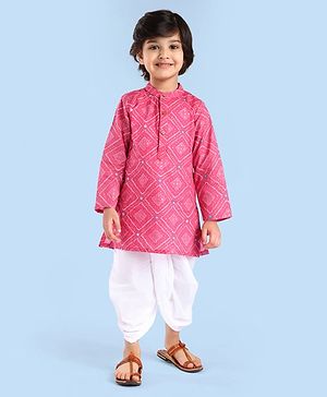 Babyhug Cambric Woven Full Sleeves Bhandhni Printed Dhoti Kurta Set - Pink