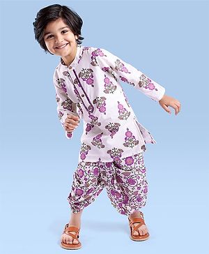 Babyhug Cotton Woven Full Sleeves Kurta Dhoti Set Floral Print - Cream
