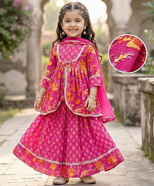 Babyhug Cambric Woven Three Fourth Sleeves Floral Printed Choli & Lehenga Set with Dupatta - Pink