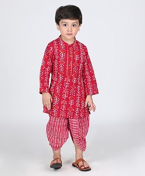 Babyhug Cotton Cambric Wovenn Full Sleeves Kurta Dhoti Set Floral Print - Red