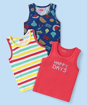 Babyhug 100% Cotton Knit Sleeveless Stripes Sandos with Game & Text Print Pack of 3 - Multicolour