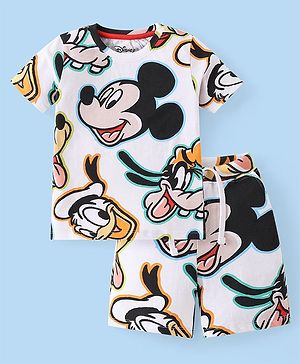 Babyhug Disney Cotton Knit Half Sleeves T-Shirt & Shorts Co-Ord Set With Mickey Mouse & Friends Print - White
