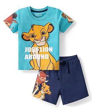 Babyhug Cotton Knit Half Sleeves T-Shirt & Shorts Set With The Lion King Graphics - Blue