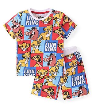 Babyhug Disney Cotton Knit Half Sleeves T-Shirt & Shorts Set With The Lion King Graphics - Multicolor