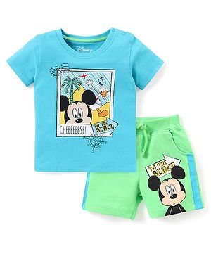 Babyhug Disney Cotton Knit Half Sleeves T-Shirt And Shorts With Mickey Mouse Graphics - Blue & Green