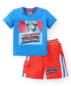 Babyhug Marvel Cotton Knit Half Sleeves T-Shirt & Shorts Set With Captain America Graphics - Blue & Red