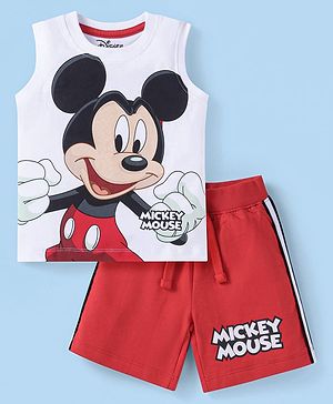 Babyhug Disney Cotton Knit Sleeveless T-Shirt & Shorts Set With Mickey Mouse Graphics - White & Red