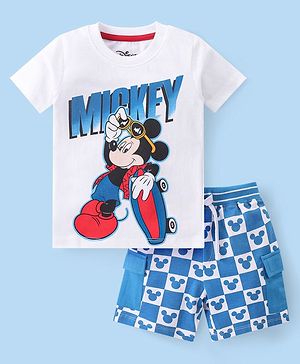 Babyhug Disney Cotton Knit Half Sleeves T-Shirt & Shorts Set With Mickey Mouse Graphics - White & Blue