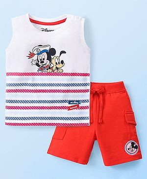 Babyhug Disney Cotton Knit Sleeveless T-Shirt & Shorts Set With Mickey Mouse Graphics - White & Red