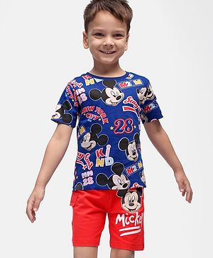 Babyhug Disney Cotton Knit Half Sleeves T-Shirt & Shorts Set With Mickey Mouse Graphics - Navy & Red