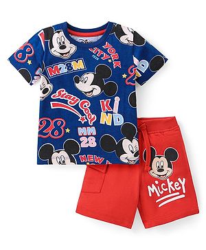 Babyhug Disney Cotton Knit Half Sleeves T-Shirt & Shorts Set With Mickey Mouse Graphics - Navy & Red