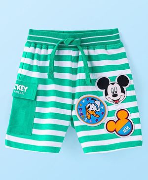 Babyhug Disney Cotton Terry Striped Shorts With Mickey Mouse Graphics and Badge Detailing - Green