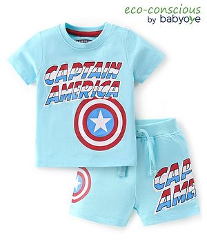 Babyoye Marvel Cotton Knit Half Sleeves T-Shirt & Shorts Set With Avengers Graphics - Light Blue