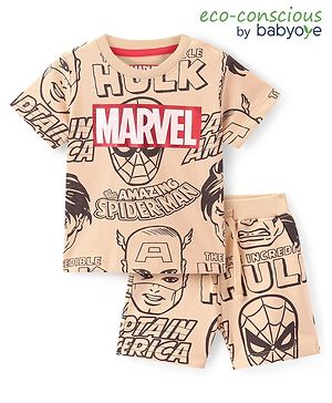 Babyoye Marvel Cotton Knit Half Sleeves T-Shirt & Shorts Set With Avengers Graphics - Light Brown