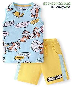 Babyoye Disney Cotton Knit Sleeveless T-Shirt & Shorts Set With Chip n Dale Graphics - Blue & Yellow