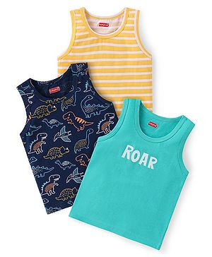 Babyhug 100% Cotton Sleeveless Striped Sandos with Dino Print Pack of 3 - Multicolour