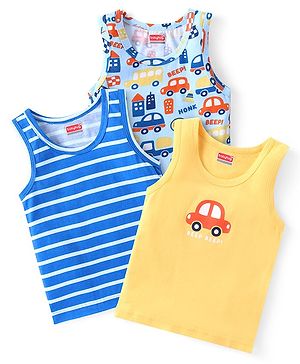 Babyhug 100 % Cotton Knit Sleeveless Sando With Vehicle Print Pack of 3- Multicolor