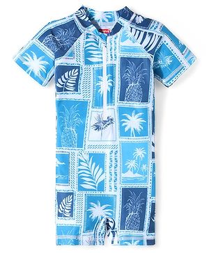 Babyhug Half Sleeves Water Repellent Two Way Stretch Legged Swimsuit with Tropical Print -  Blue