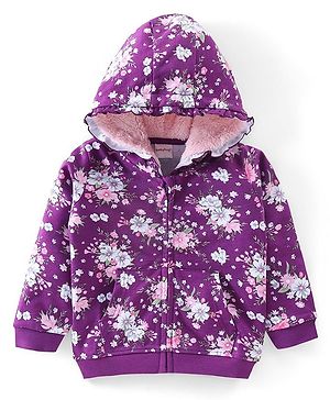 Babyhug Cotton Knit Full Sleeves Front Open Floral Printed Sweatjacket with Hood - Purple