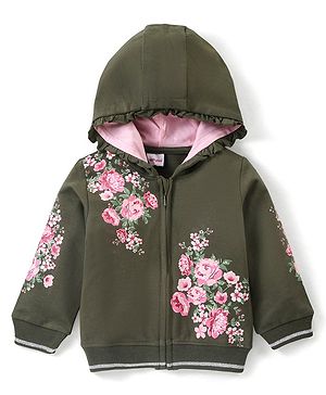 Babyhug Cotton Full Sleeves Front-Open Sweatjacket With Hood Floral Graphics - Olive Green