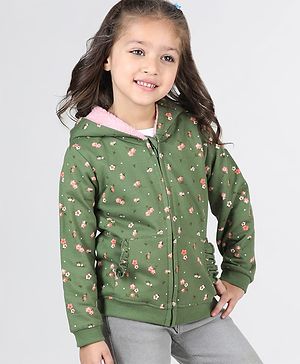 Babyhug Full Sleeves Front Open Sweatjacket With Hood Zipper & Frill Detailing Floral Print - Olive Green