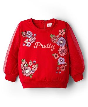 Babyhug Knit Full Balloon Sleeves Sweatshirt With Floral Graphics Foil Print & Mesh Detailing - Red